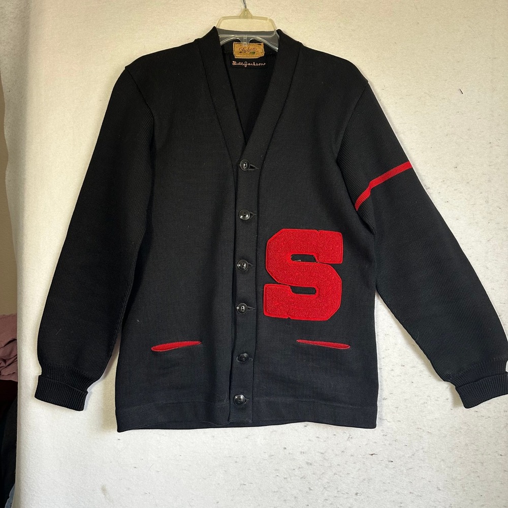 Vintage Dehen 100% Worsted Wool Letterman Cardigan Sweater Black Red Chenille S